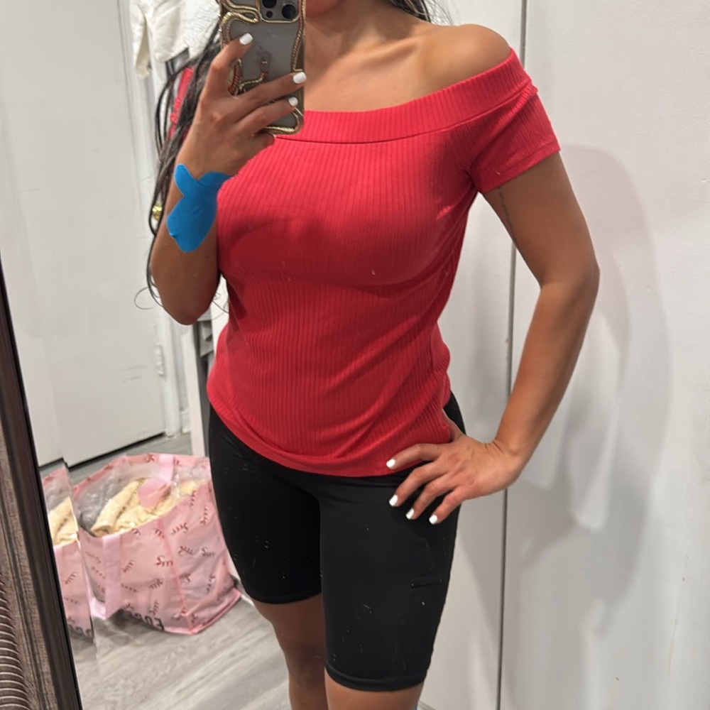 Ann Taylor Factory Red Fitted Tie Front Short Sleeve T-Shirt